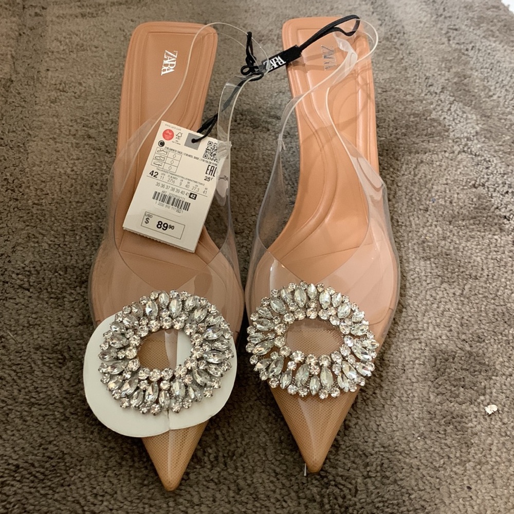 Zara clear mid heel with Crystal embezzlement size 11 Brand new never worn.